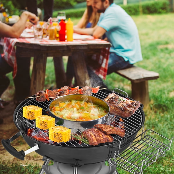 28" Portable Charcoal Grill with Wheels & Storage Rack - Porcelain-Enameled Kettle Grill with Ash Catcher & Thermometer for Camping, Parties & Picnics