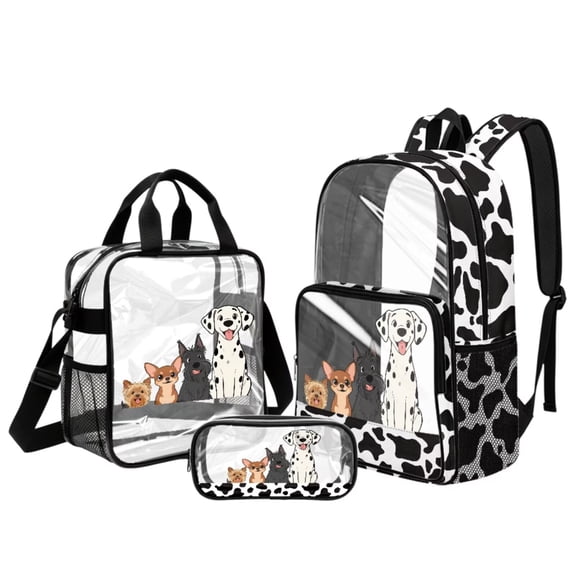 Kuiaobaty Chihuahua Print Clear Backpack Set for Girls Boys Dogs Cow Print Backpack and Lunch Bag Set with Bottler Holder See Through PVC Bookbag and Pencil Case for School, Black