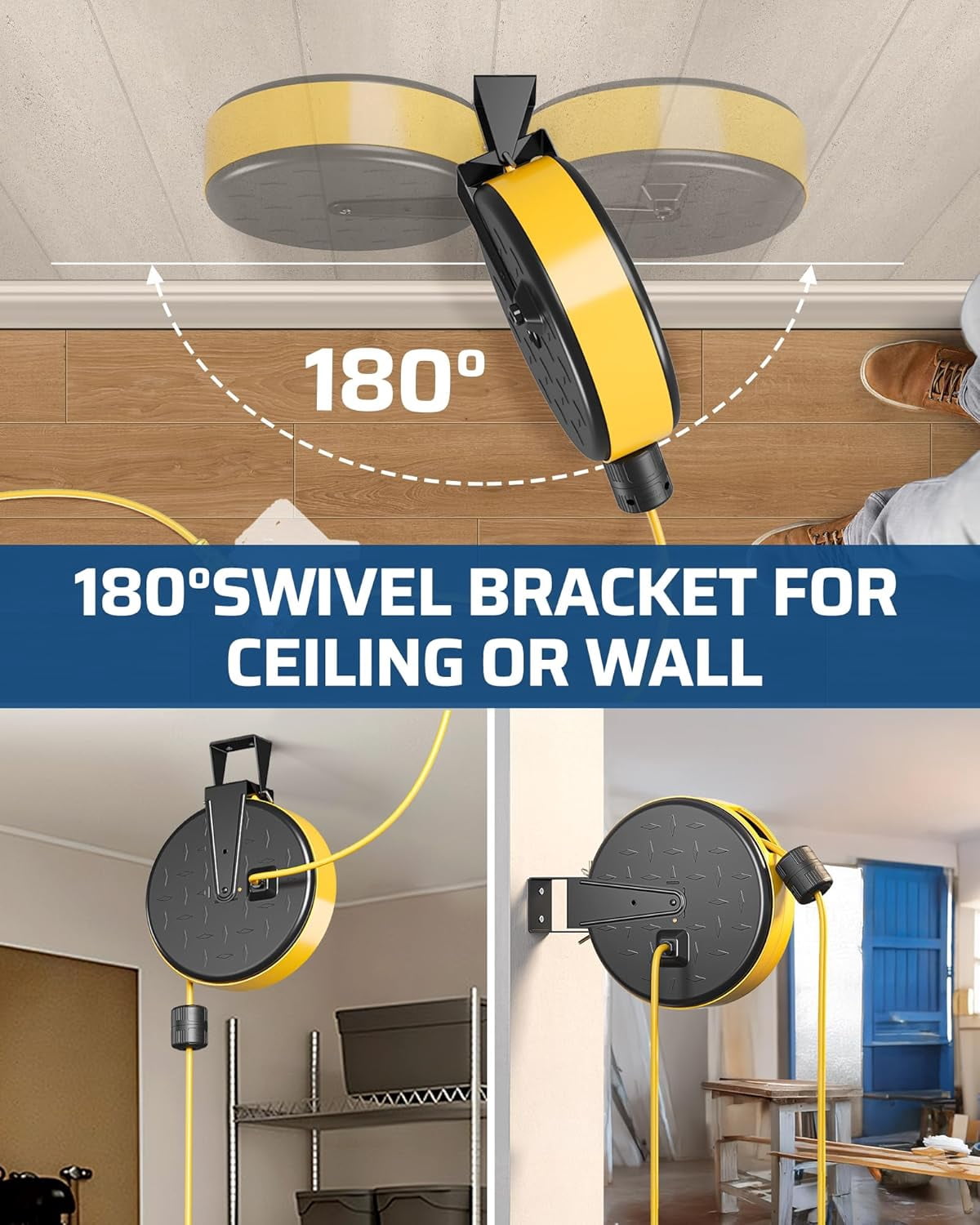 30 Ft Retractable Extension Cord Reel, Ceiling/Wall Mount 16/3 Gauge SJTW Power Cord with 6 Grounded Outlets, Twist-Lock Stopper, 10 Amp Circuit Breaker, Metal Covering, UL Listed