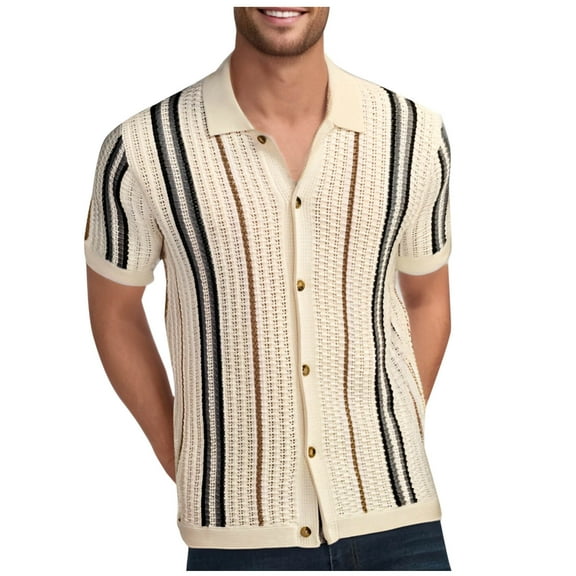 Men's Striped Sweater Polo Shirts Casual Knitted Hollow Out Short Sleeve Shirts Lapel Golf Pullover Streetwear Tops