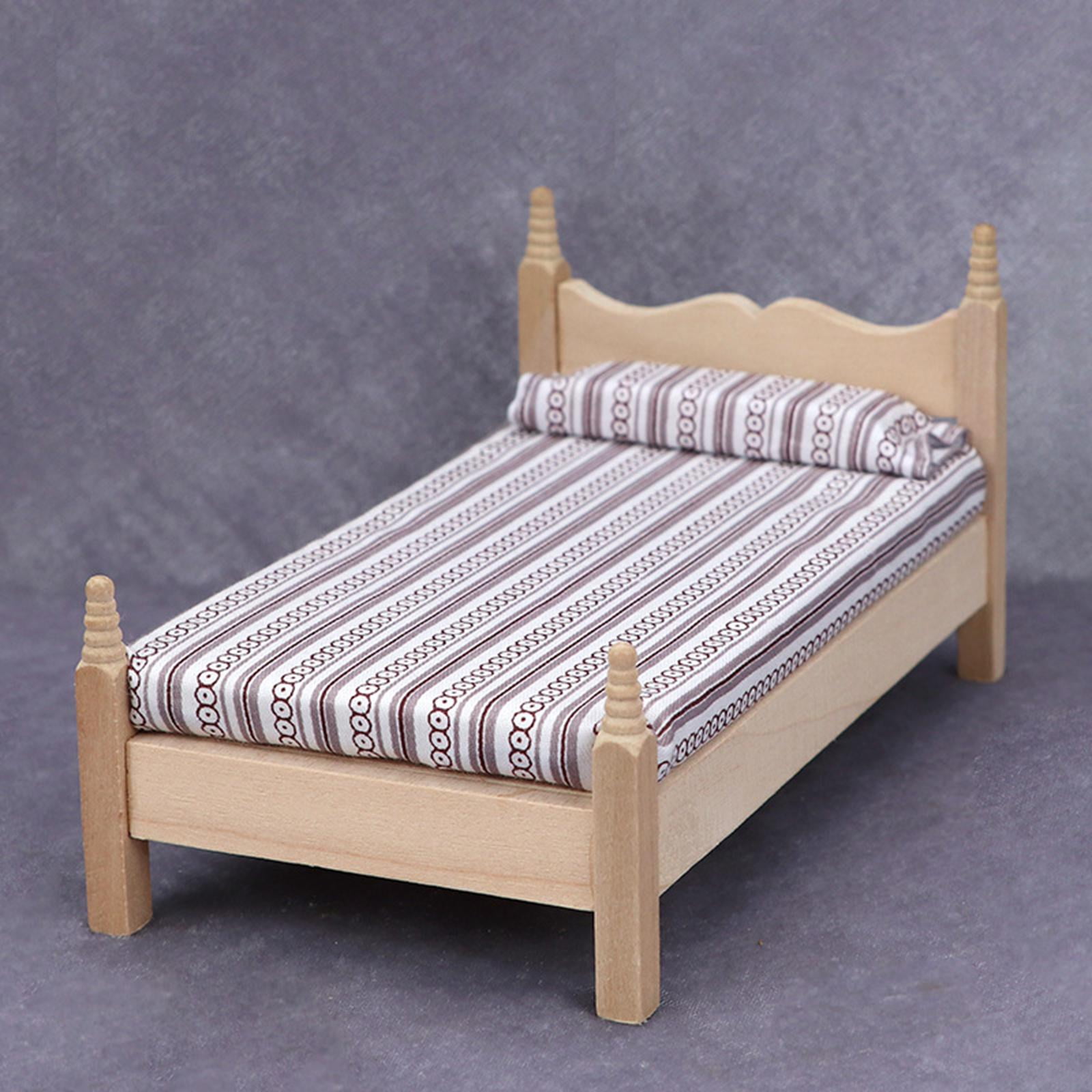 Yinanstore 1 12 Doll House Miniature Bed to Pretend Toy Retro Tiny Decoration Dollhouse Simulation furniture Mini Bed Ornament for Small Life Scene