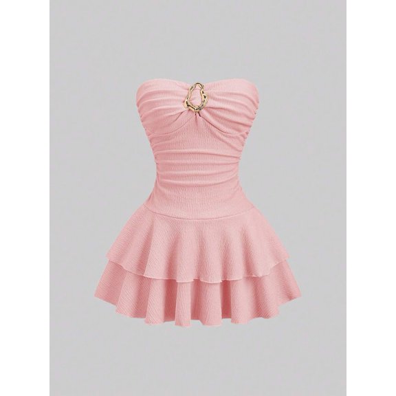 Women's Elegant Strapless Double Layer Ruffle Mini Dress, Pink, Sizes L-XS