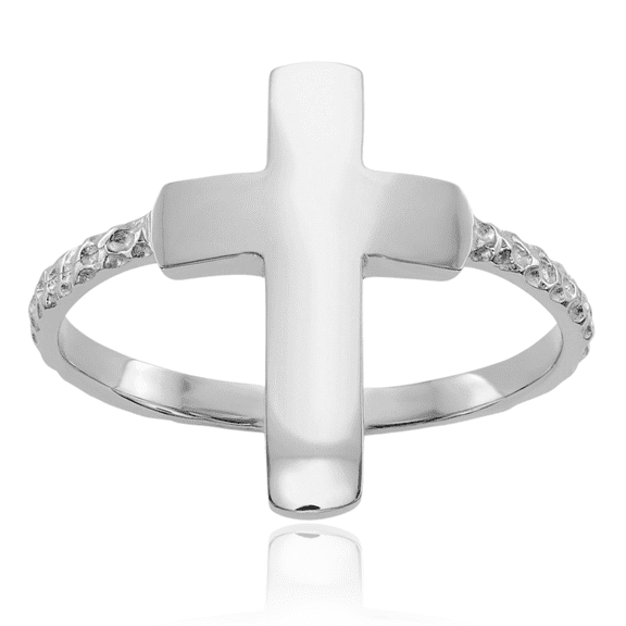 14K Solid White Gold Holy Cross Ring Christian Religious Band
