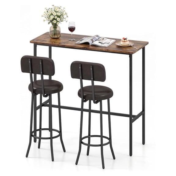 3-Piece Industrial Bar Table Set, Counter Height Rectangular Dining Table with 2 Upholstered Stools & Footrests, Space-Saving Pub Table & Stools Set for Dining Room & Living Room
