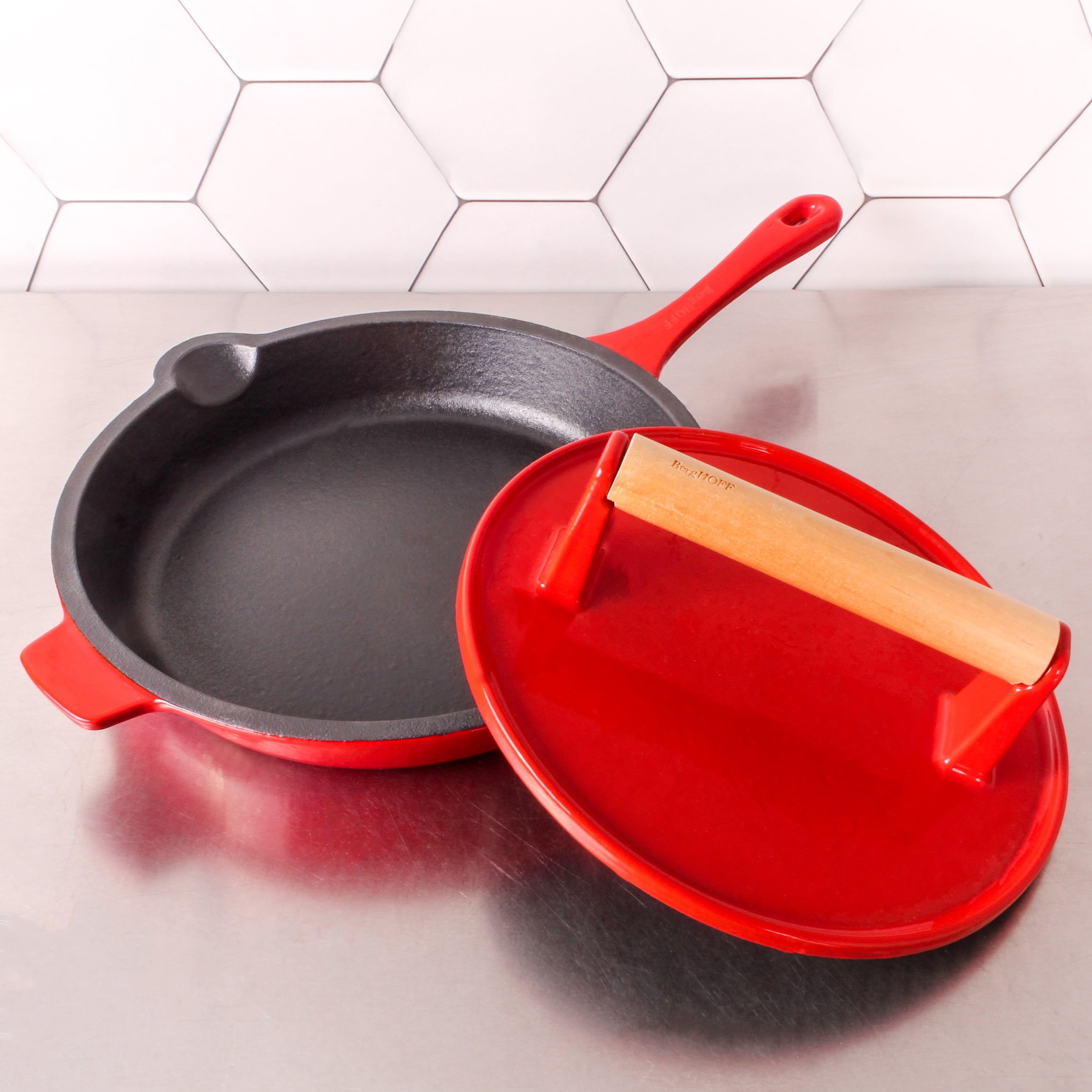 BergHOFF Neo 4pc Cast Iron Fry Pan & Grill Pan Set, Red