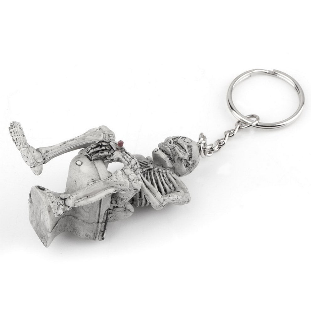 Skeleton Sit on Toilet Skull Rubber Keyring Key Chain Charm Pendant Funny Gift 