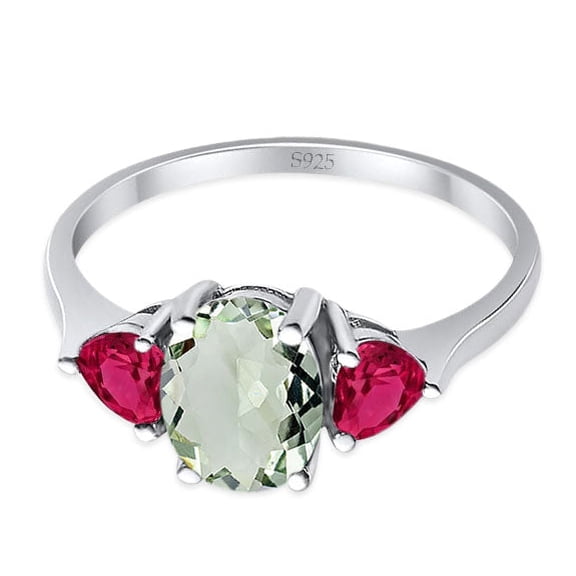Natural Green Amethyst Prasiolite Size-5 Three Stone Oval Trio Ring Two Heart Ruby CZ Wedding Engagement Ring 925 Sterling Silver Gifts For Her