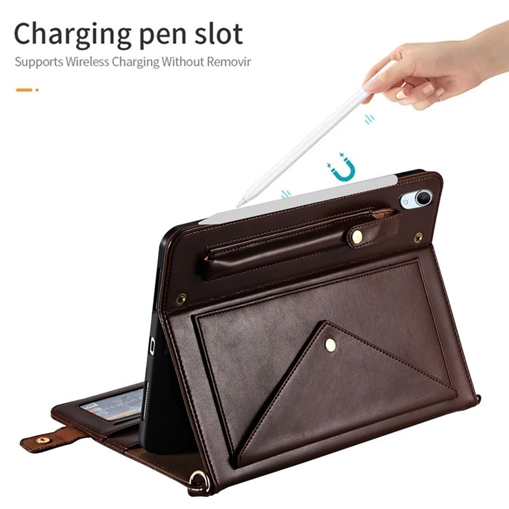 for iPad (A16) 11th Gen 2025 / iPad 10th Gen 10.9" 2022 PU Leather Case, with Pencil Holder, Money Pocket, Shoulder/Hand Strap, Card Slots Kickstand Flip Cover, Full Body Protection, Dark Coffee