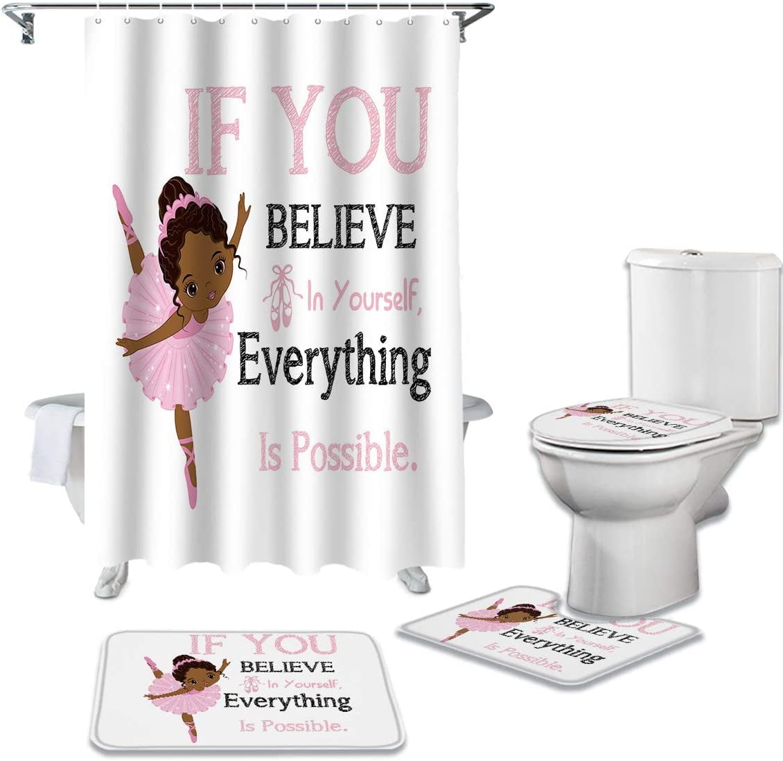 FMSHPON Pink Ballerina Black Girl Ballet Dancer 4 Piece Bathroom Set Shower Curtain Bath Rug