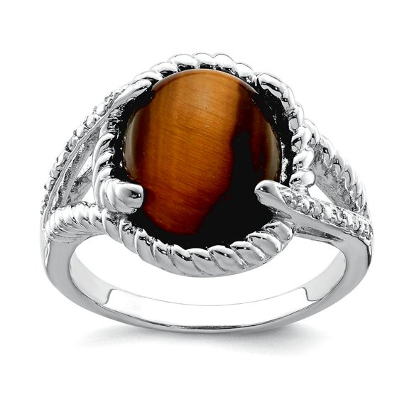 925 Sterling Silver Polished Tigers Eye and Diamond Ring Size 6 2mm Wide Ring for Women
