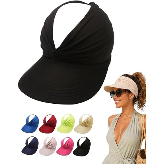 Women's UPF 50 UV Protection Sun Visor Hat, Wide Brim Ponytail Friendly Beach Hat, Lightweight Waterproof Foldable (black)