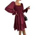 thumbnail image 3 of Qiylii Women’s Mini A-Line Dress, Long Sleeve Square Neck High Waist Smocked Dress, 3 of 5