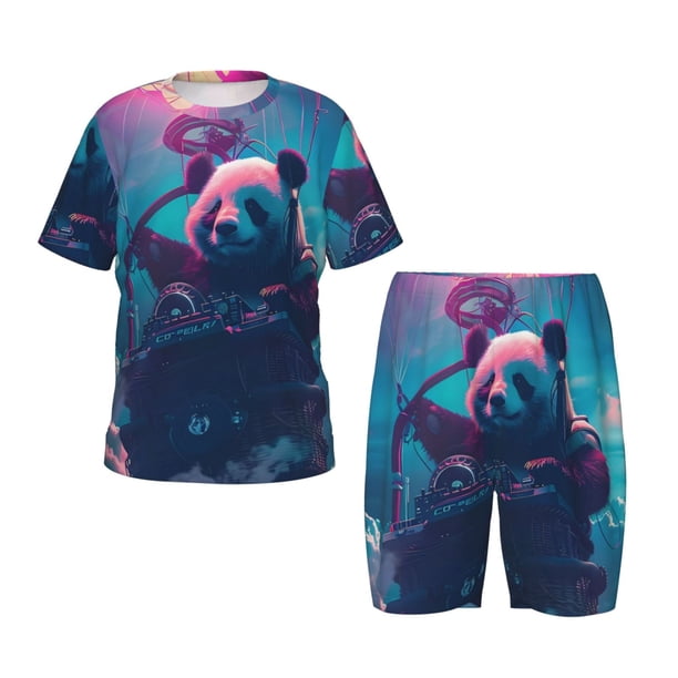 Balery DJ Panda Hot Air Balloon Conjunto de Pijama Infantil de Manga Corta con Estampado – Ropa de Dormir de Algodón Suave-X-Large