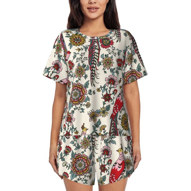 Balery Dark Enchanted Flowers And Birds Conjunto de Pijama para Mujer con Estampado, Dos Piezas de Manga Corta y Shorts, Ropa de Dormir Suave con Cuello Redondo y Bolsillos-3X-Large