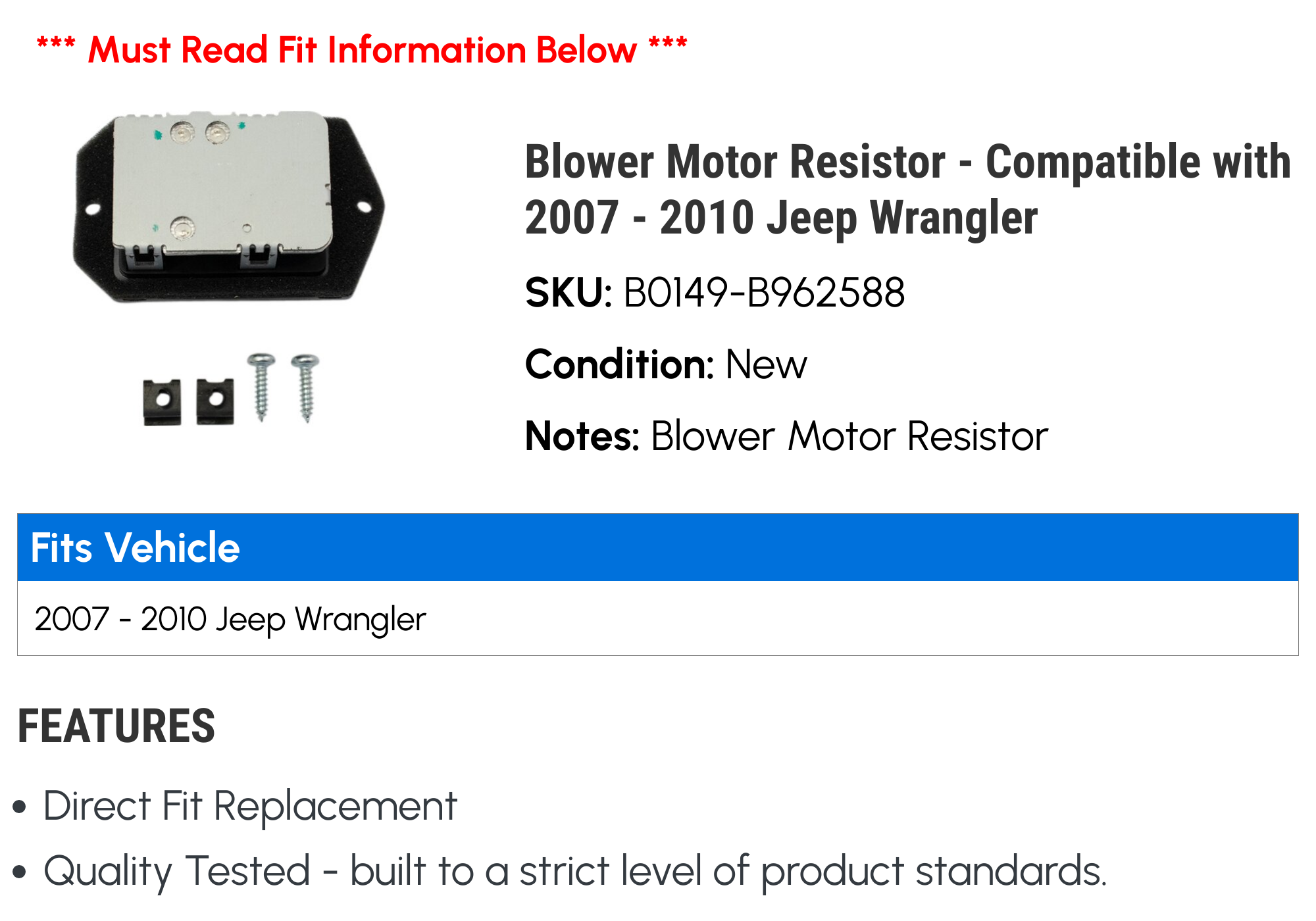Blower Motor Resistor - Compatible with 2007 - 2010 Jeep Wrangler 2008 2009