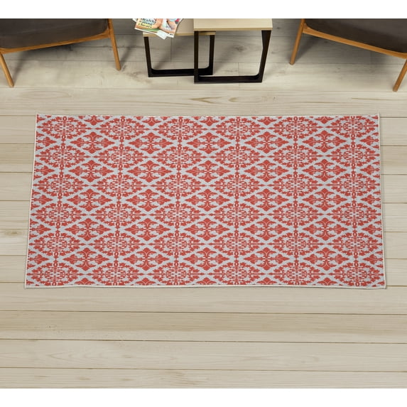 Retro Decorative Rug, Antique Victorian Floral Patterns in Modern Graphic Print Old Fashioned Art, Quality Carpet for Bedroom Dorm and Living Room, 6 Sizes, Coconut and Coral, by Ambesonne