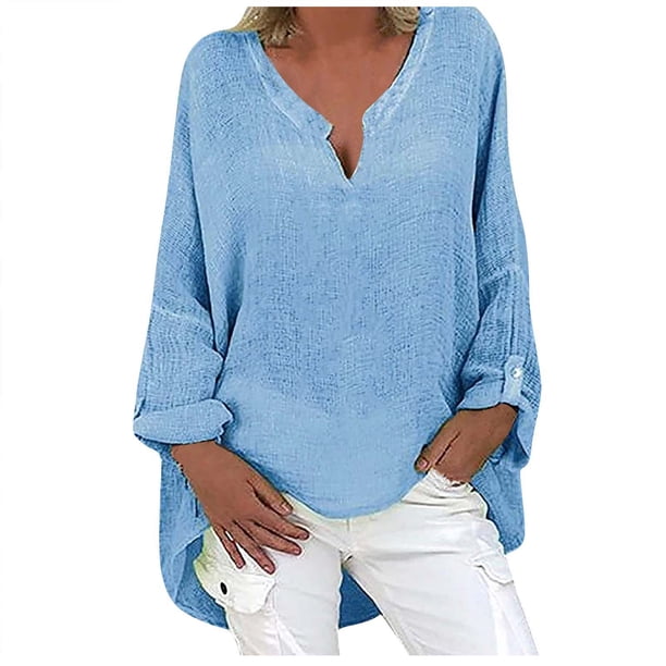 Gibobby Blusa Manga Larga Mujer Camisa de manga larga con cuello en V de color sólido transpirable para mujer Blusa de mujer de manga cómoda(Azul, M)
