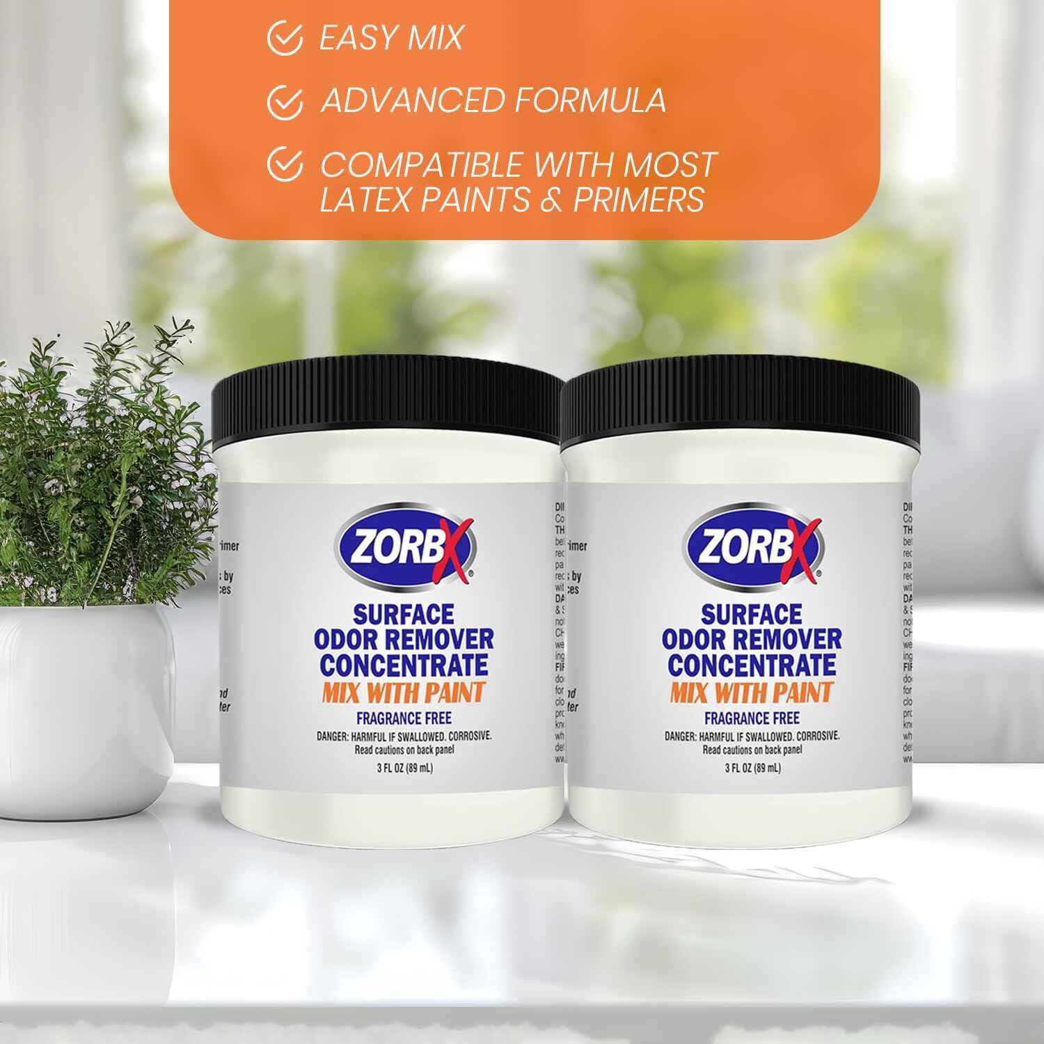 ZORBX 3 Oz Surface Odor Remover Paint Additive - Fragrance-Free for Smoke, Mildew, Pets (2 Jars)