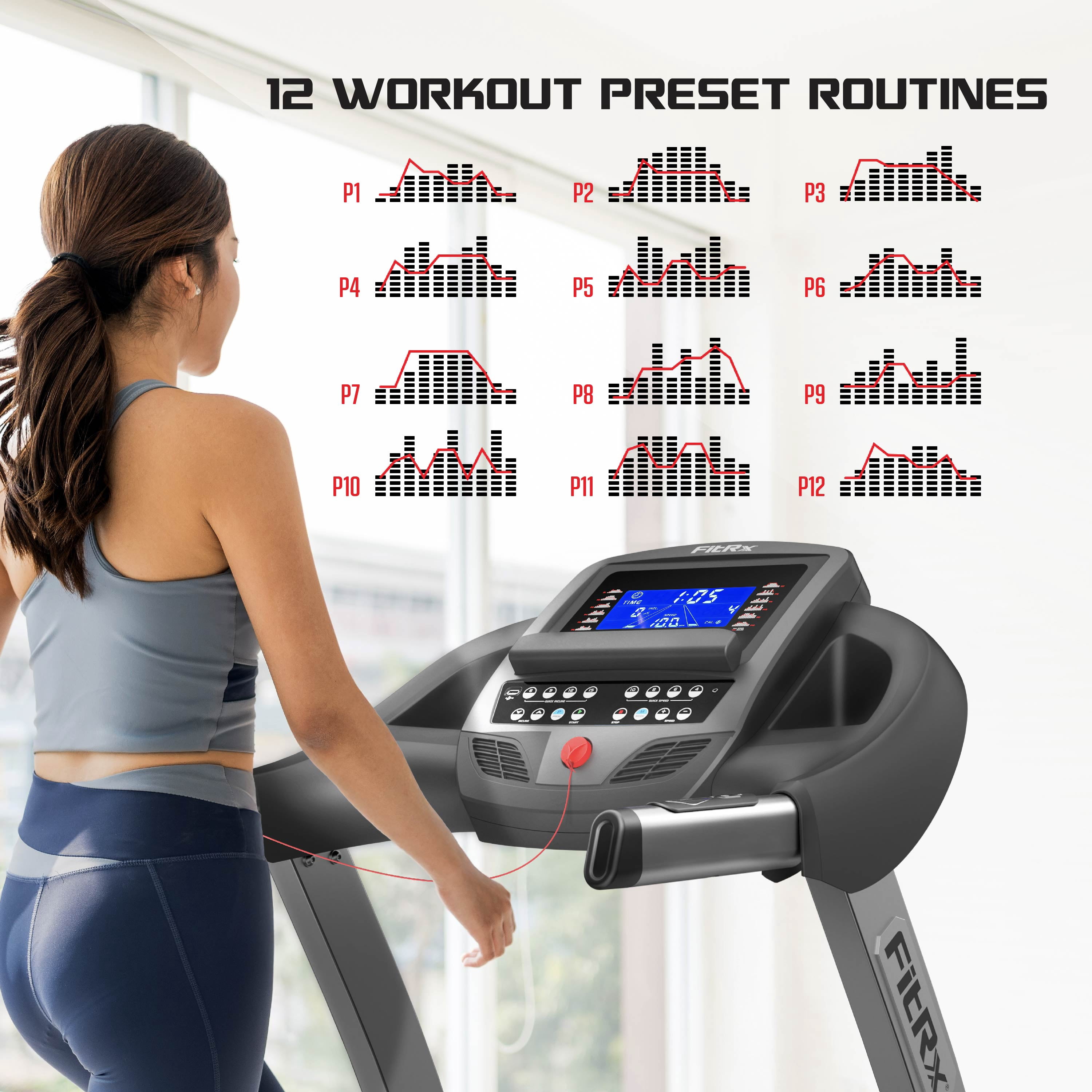 FitRx Crossrun Folding Treadmill, 300lbs Capacity Large Foldable Treadmill for Home Workout with Incline, App, Bluetooth Speakers, and 5” LED Screen