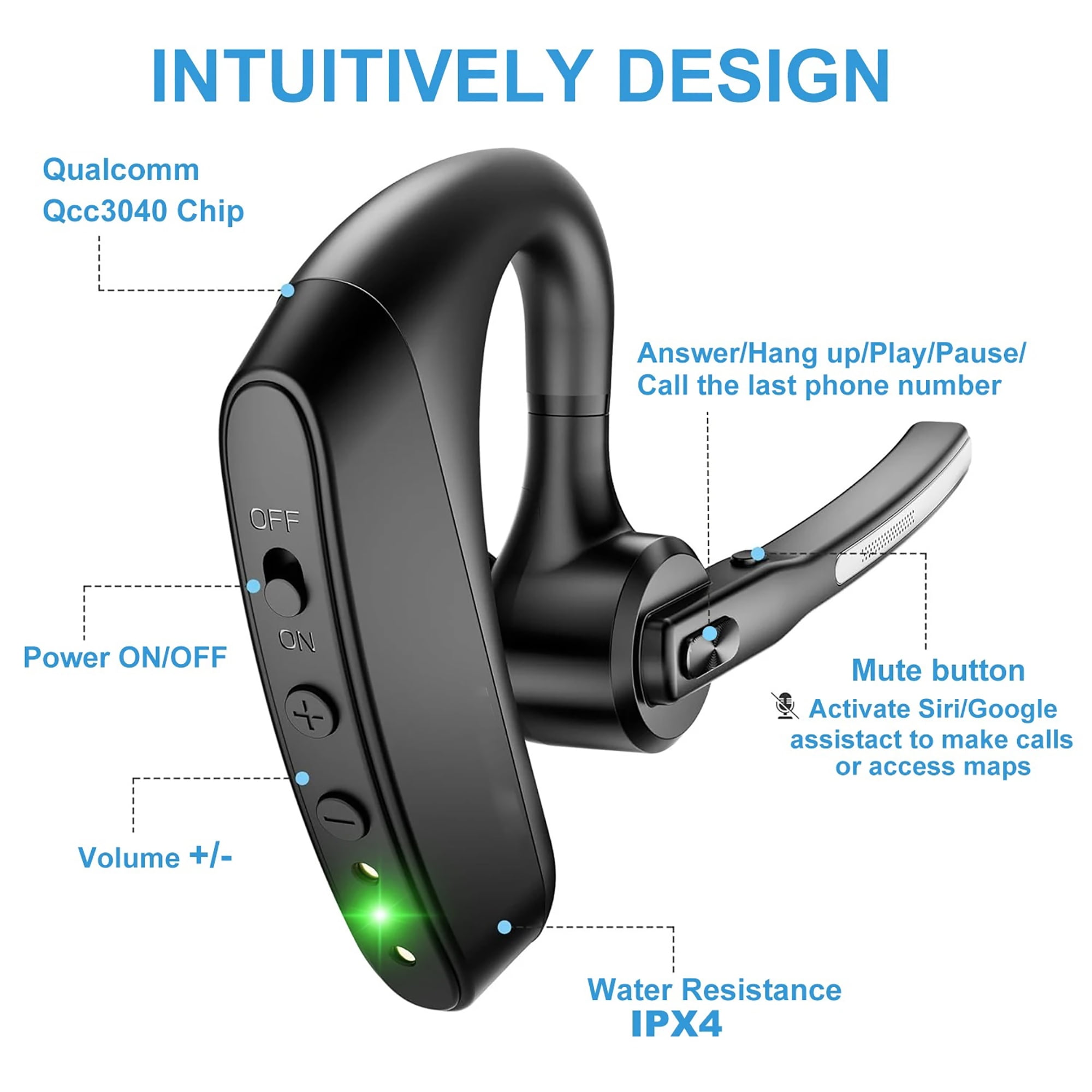 aomogo Bluetooth Headset V5.2 Wireless Bluetooth Earpiece with 800mAH Charging Case 96 Hrs Talktime Wireless Headset with CVC8.0 Dual Mic Noise Canceling for iPhone Cellphone Trucker Work