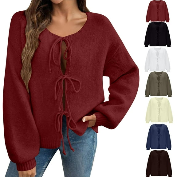 Dgankt Plus Size Womens Clothing Women's Tie Front Bow Cardigan Sweaters Chunky Knit Long Puff Sleeve Trendy Fall Winter Jacket Coats