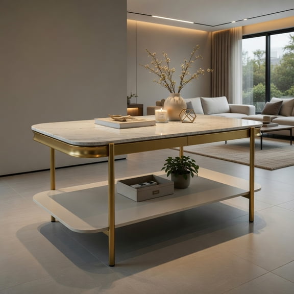 Resenkos 2-Tier Modern Rectangular Coffee Table, Sintered Stone Top Storage Table for Living Room, White