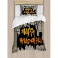thumbnail image 3 of Halloween Queen Size Duvet Cover Set, Happy Graffiti Style Lettering on Rustic Wooden Fence Scary Evil Holiday Artwork, Decorative 3 Piece Bedding Set with 2 Pillow Shams, Multicolor, by Ambesonne, 3 of 3