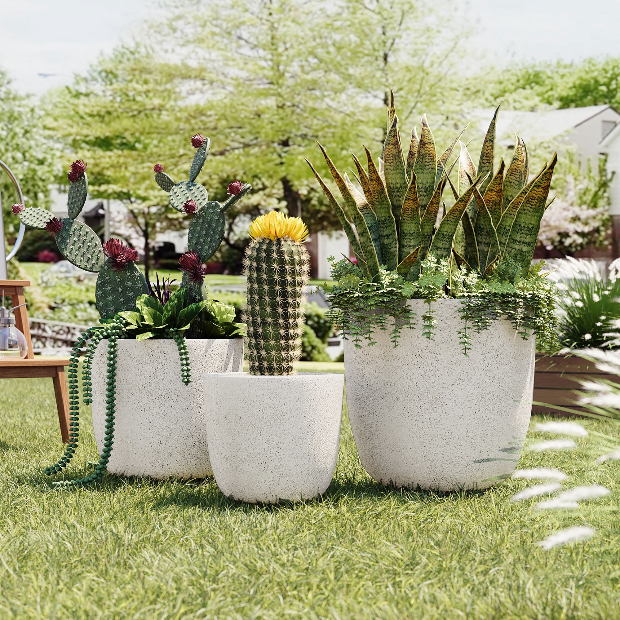 Harper & Bright Designs Outdoor Concrete Planter Set of 3, Patio Flower Pots Stone-Look Textured with Drainage Holes and Rubber Plug for Garden Poolside, White