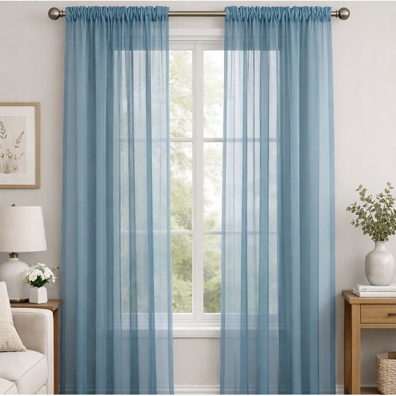 Slate Blue Sheer Window Rod Pocket Curtain Set - 90" Inches Long (2 Panels)