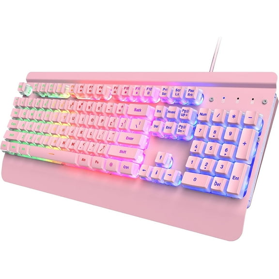 Pink Creamy Keyboard, 104 Keys All-Metal Panel, Rainbow LED Backlit Silent Gaming Wrist Rest, PBT Keycap, Anti-ghosting Keys, Light Up USB Wired Computer Keyboard for PC