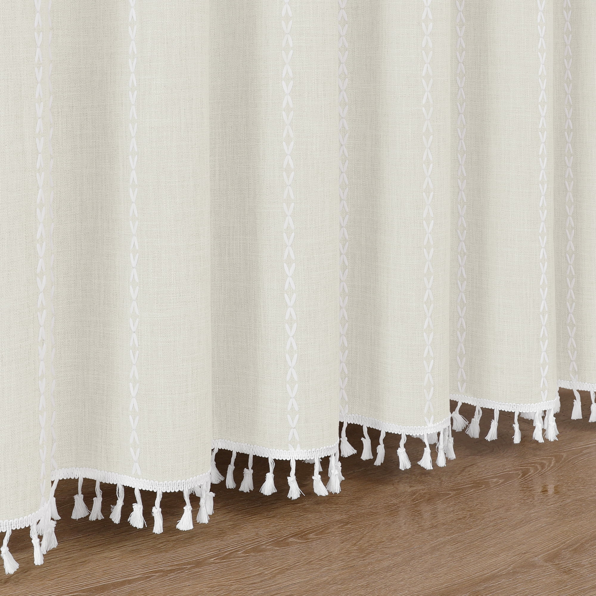 Americanflat 71x71 Woven Linen Ivory Shower Curtain with Tassel Accents - Includes 12 Grommets and Hooks - 100% Polyester