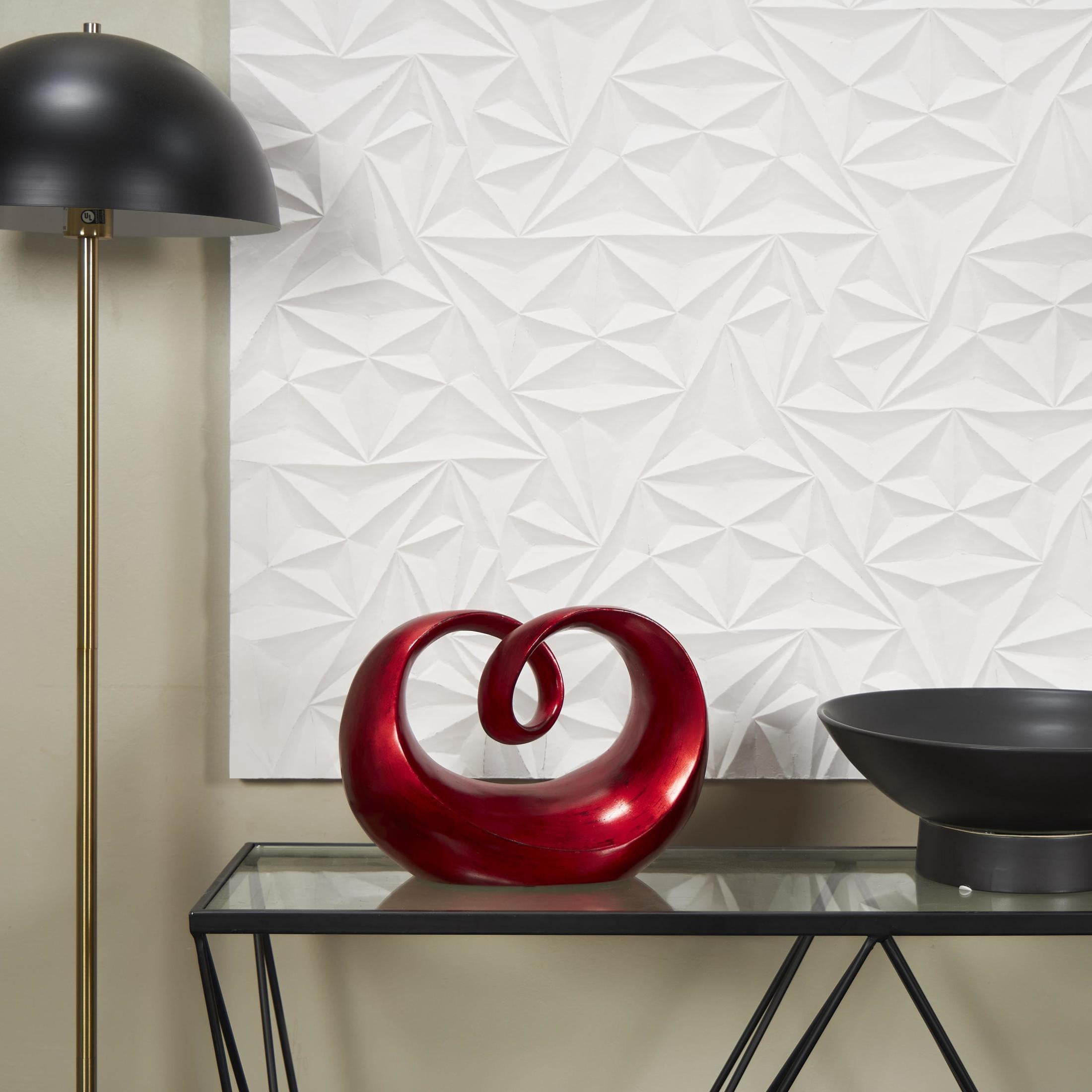12" x 9" Red Polystone Loop Swirl Abstract Sculpture with Black Texturing, by DecMode