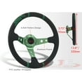 thumbnail image 3 of AJP Distributors Universal 350mm 14" Steering Wheel 6 Bolts Holes Black PVC Leather 4 Green Pin Stripe Light Weight Aluminum 3 Spoke Center Deep Dish Horn Button Grip Stance JDM VIP, 3 of 5