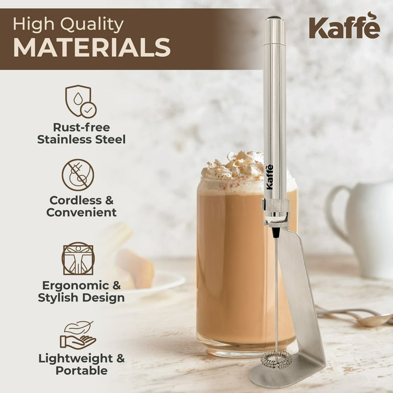 Kaffe Handheld Milk Frother w/ Stand, Battery Operated, Stainless
