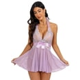 thumbnail image 3 of CaiDieNu Lingerie for Women Lace Chemise Halter V Sexy Sleepwear with Garter Belt with Thong, Purple 3XL, 3 of 7