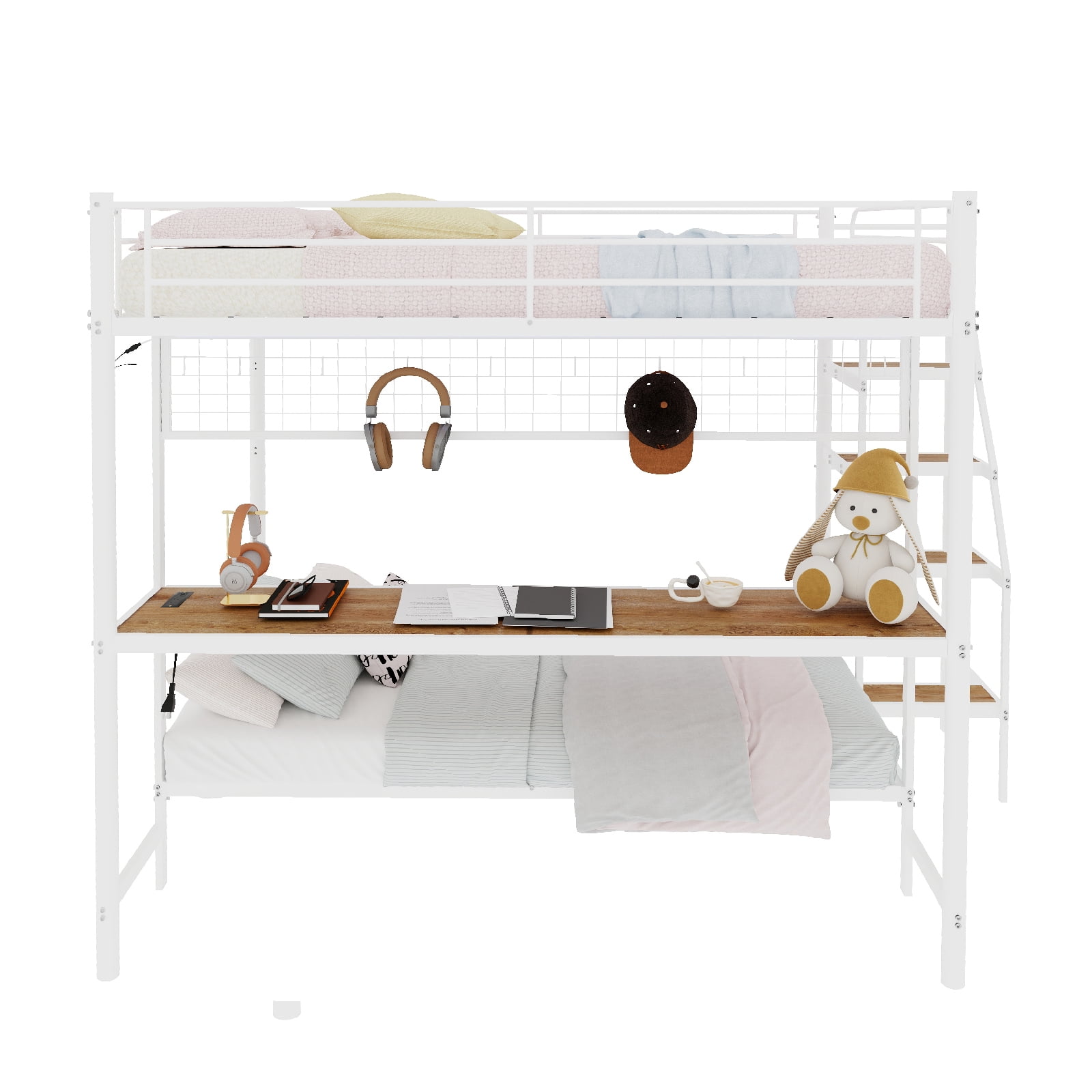 Leumius Twin over Full Size Metal Bunk Bed with Built-In Desk & LED Lighting,Heavy Duty Metal Bunk Beds Frame with Ladder for Bedrooms,Dorms,White