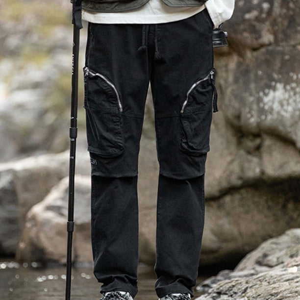 Pantalones largos de moda para hombre, casuales, de color sólido, con bolsillos y cremallera, cintura elástica, de poliéster.