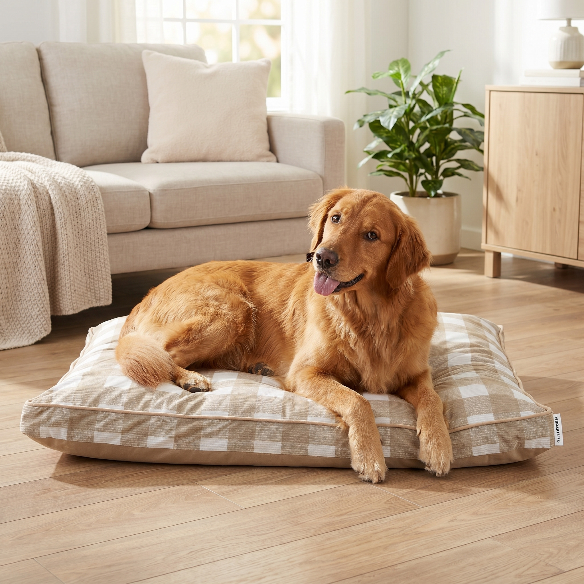 Vibrant Life Large Deluxe Gusset Pet Bed, Tan Plaid, 42"x32" photo 3