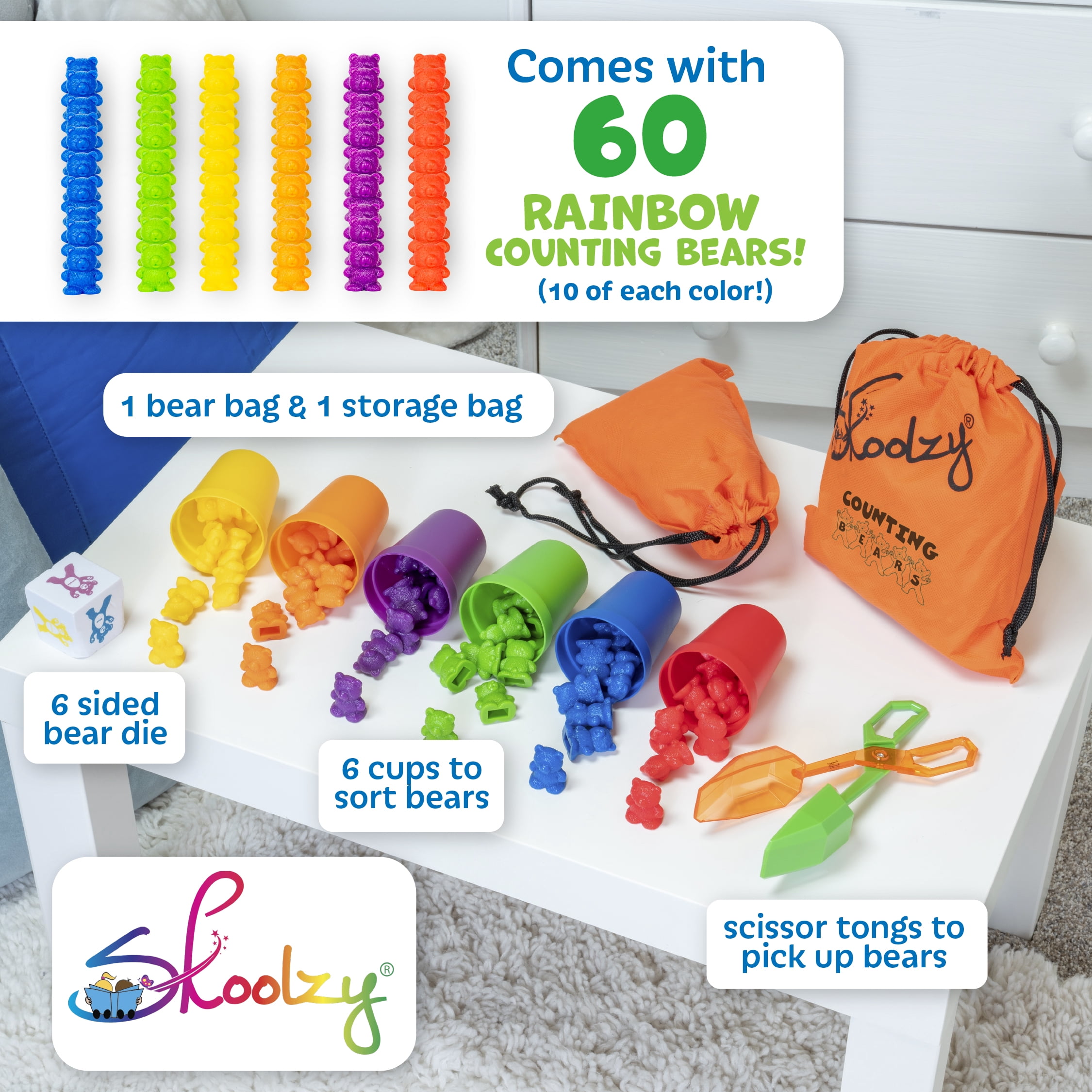 Skoolzy Montessori Rainbow Counting Bears & Cups Set - 71pc