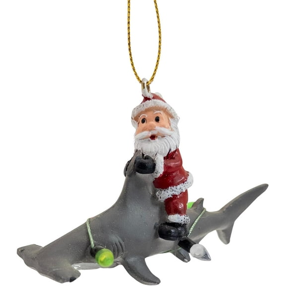 Hammerhead Christmas Tree Ornament with Santa Claus Riding On The Back Covered in Lights