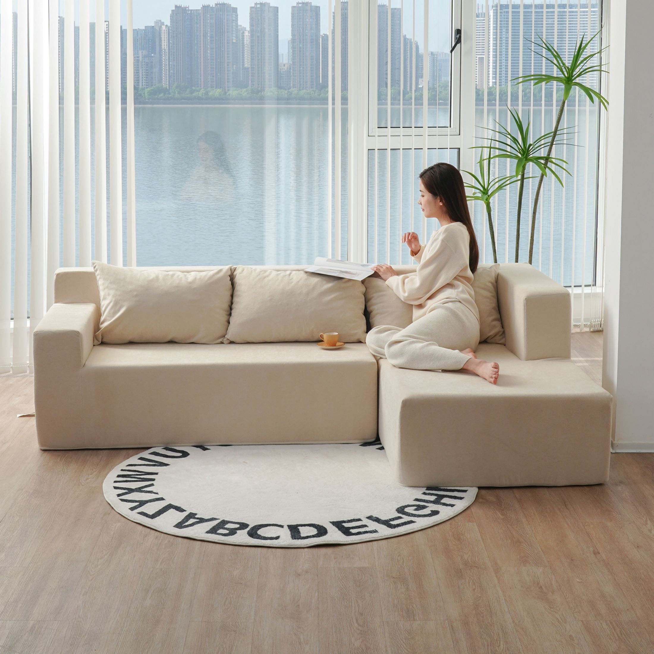 Aukfa 86.6" Modular Sectional Sofa, Sponge Sleeper Sofa Couch, L-Shape Free Combination Sofa Set with 3 Pillows, Beige