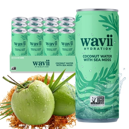 Wavii Organic Coconut Water with Organic Sea Moss, 11 fl oz Cans, Pack of 12