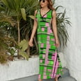 thumbnail image 6 of Plaid Pink & Green Womens Night Club Maxi Dress V Neck Sleeveless Bohemia Long Dresses, 6 of 9