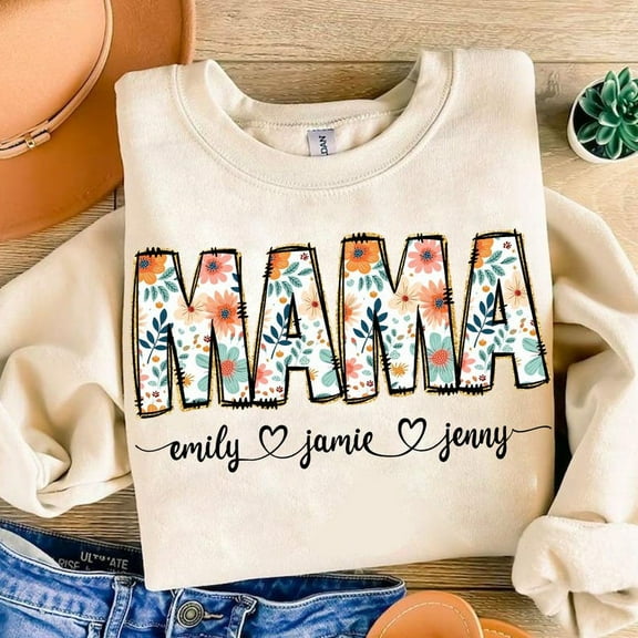 Floral Mama Sweatshirt, Mama Flower Glitter Shirt, Mama Flower with Kids' Names Sweatshirt, Custom Mama Groovy Shirt, Mother's Day Gift Sweatshirt
