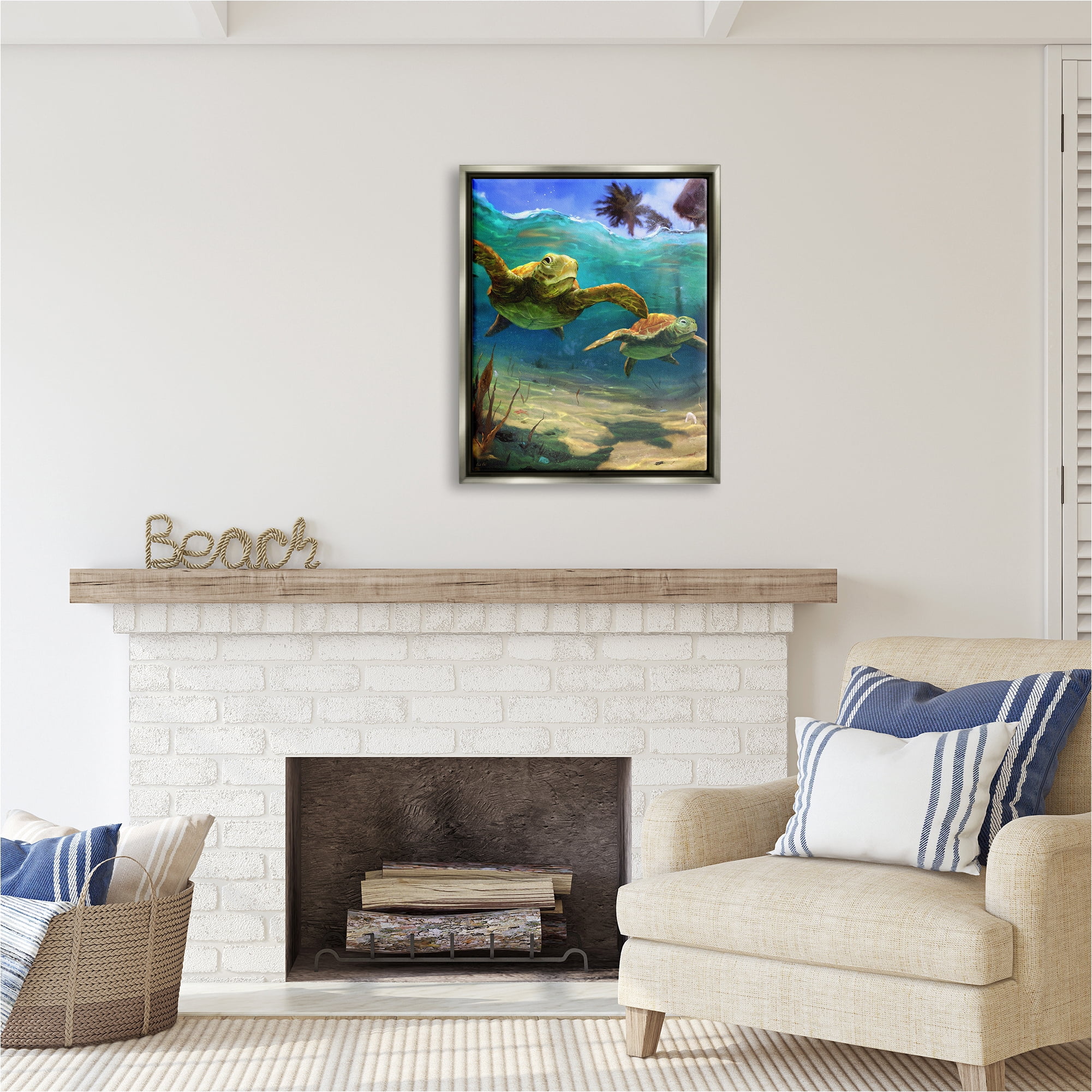 Stupell Industries Tropical Underwater Turtles Animals & Insects Painting Gray Floater Framed Canvas Art Print Wall Art, 25 x 31