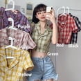 thumbnail image 4 of Camisa de mujer Summer Plaid Manga corta Botón Chaqueta Coat para niñas, Verde Yuarrent AP001451-05B, 4 of 7