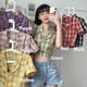 thumbnail image 4 of Camisa de mujer Summer Plaid Manga corta Botón Chaqueta Coat para niñas, Verde Vogacara AP001451-05B, 4 of 7