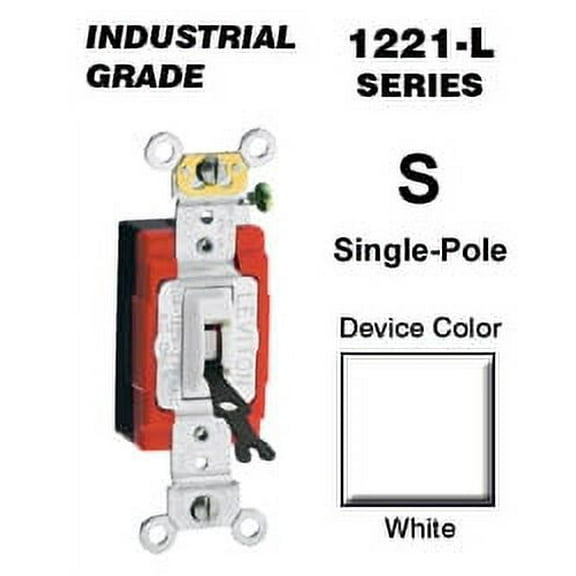Leviton 1221-2WL 20-Amp, 120/277-Volt, Toggle Locking Single-Pole AC Quiet Switch, Extra Heavy Duty Spec Grade, White