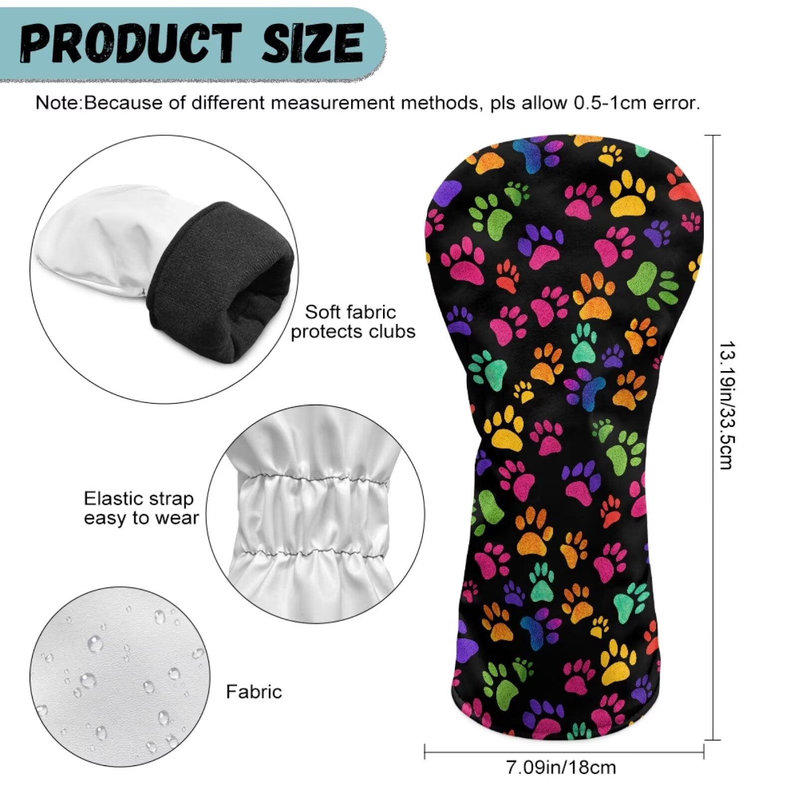 Uorisanigo 3pcs Golf Club Head Covers Colorful Dog Paws Headcovers for Driver Fairway Woods Hybrirds, Premium PU Leather Accessories for Women Men, Soft Interior Protect Club Head