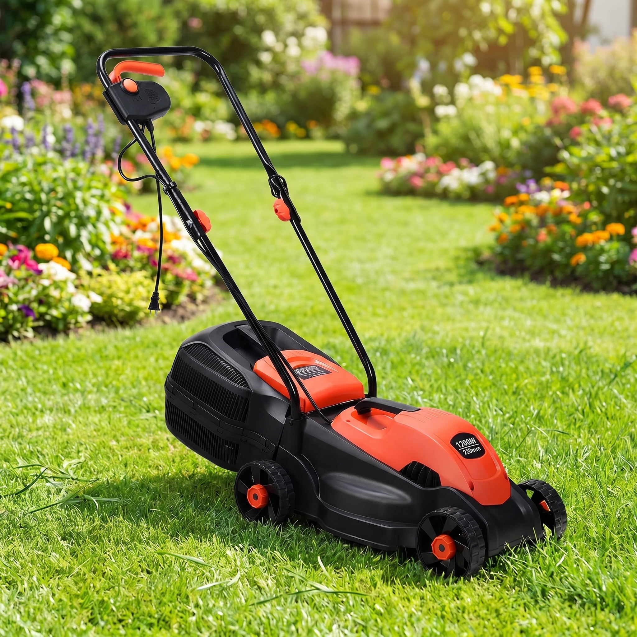 Kepooman 14” 12-Amp 120V Corded Electric Push Lawn Mower, Height Adjustable, with Grass Bag, Red